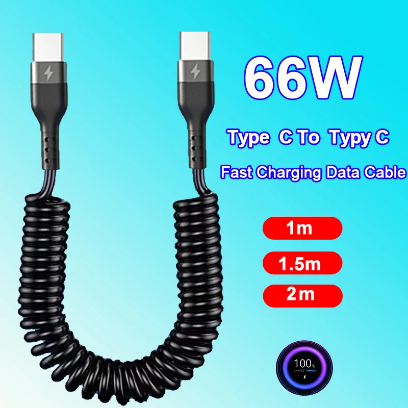 65W 5A kablo hızlı şarj bahar çekme teleskopik kordon tipi C tipi C Samsung Xiaomi OPPO için Huawei USB C araç şarj kablosu